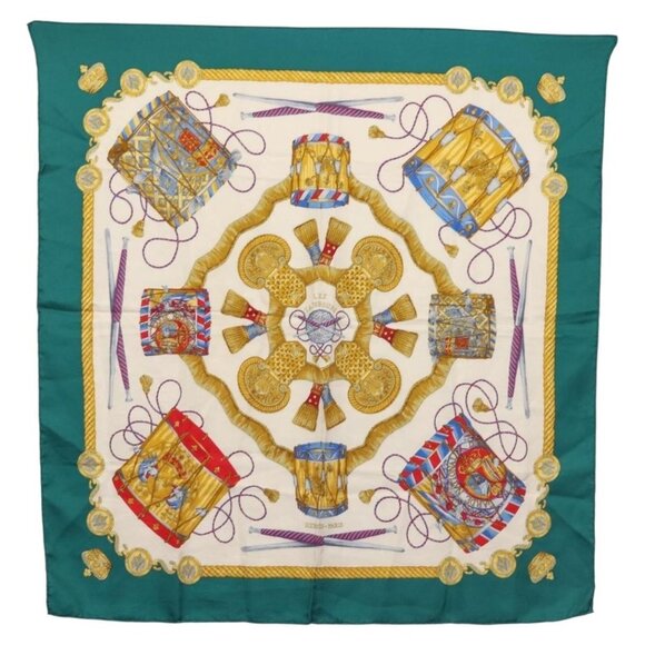 HERMES Carre 90 Scarf ""LES TAMBOURS"" Silk Green Auth hk3098 - Picture 1 of 8